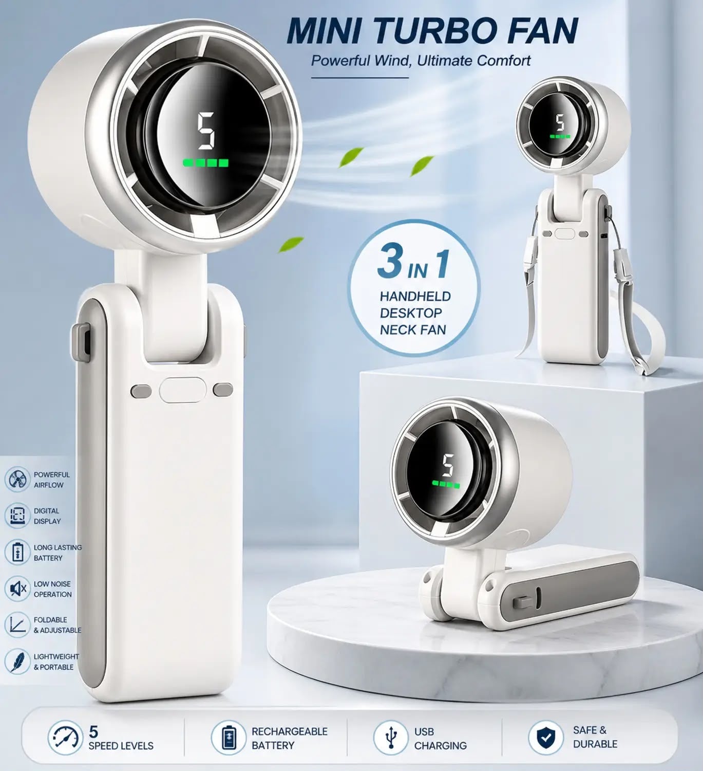 Mini Turbo Fan – 3-in-1 Portable Rechargeable Handheld, Desktop & Neck Fan