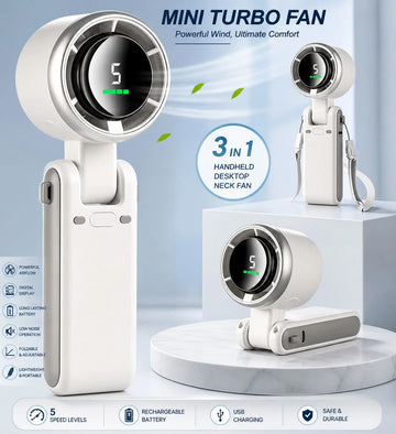 Mini Turbo Fan – 3-in-1 Portable Rechargeable Handheld, Desktop & Neck Fan