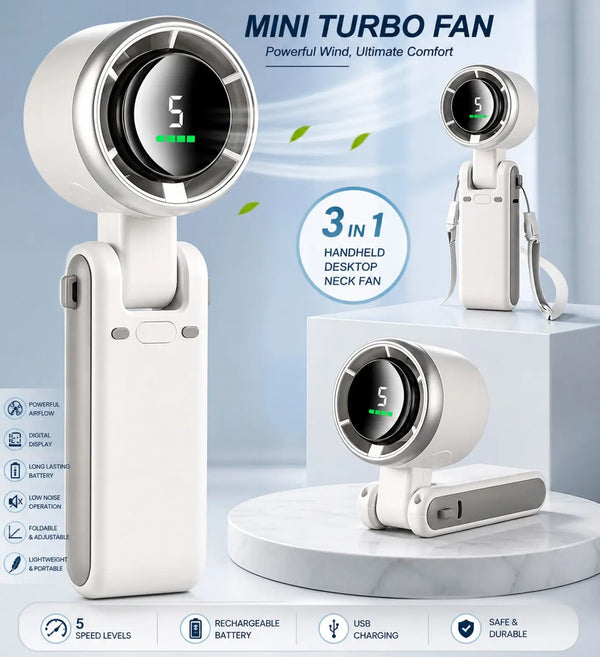 Mini Turbo Fan – 3-in-1 Portable Rechargeable Handheld, Desktop & Neck Fan