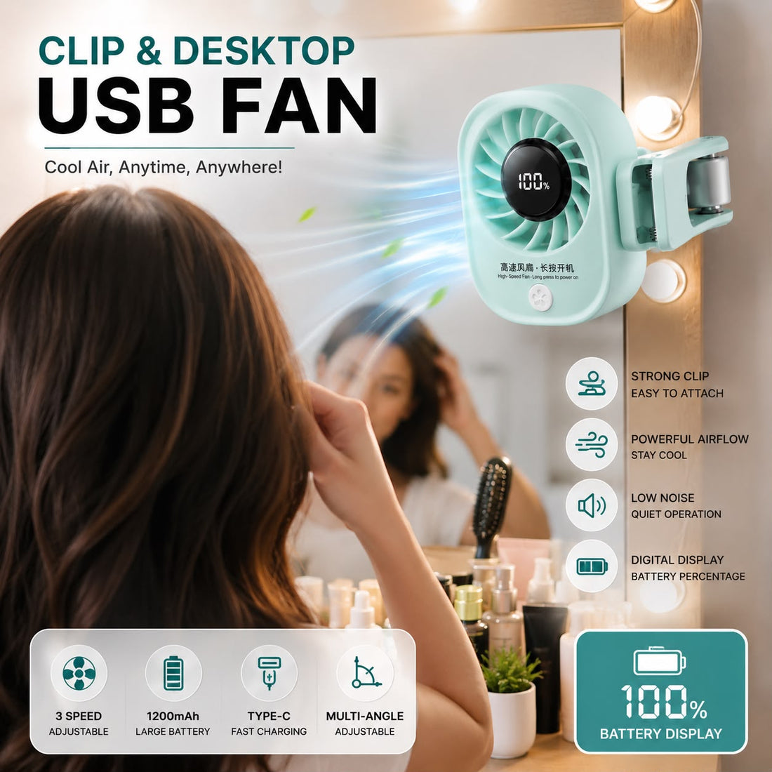 - New Clip 2in1 Desktop and Clip Digital Portable Turbo Fan with Box Packing