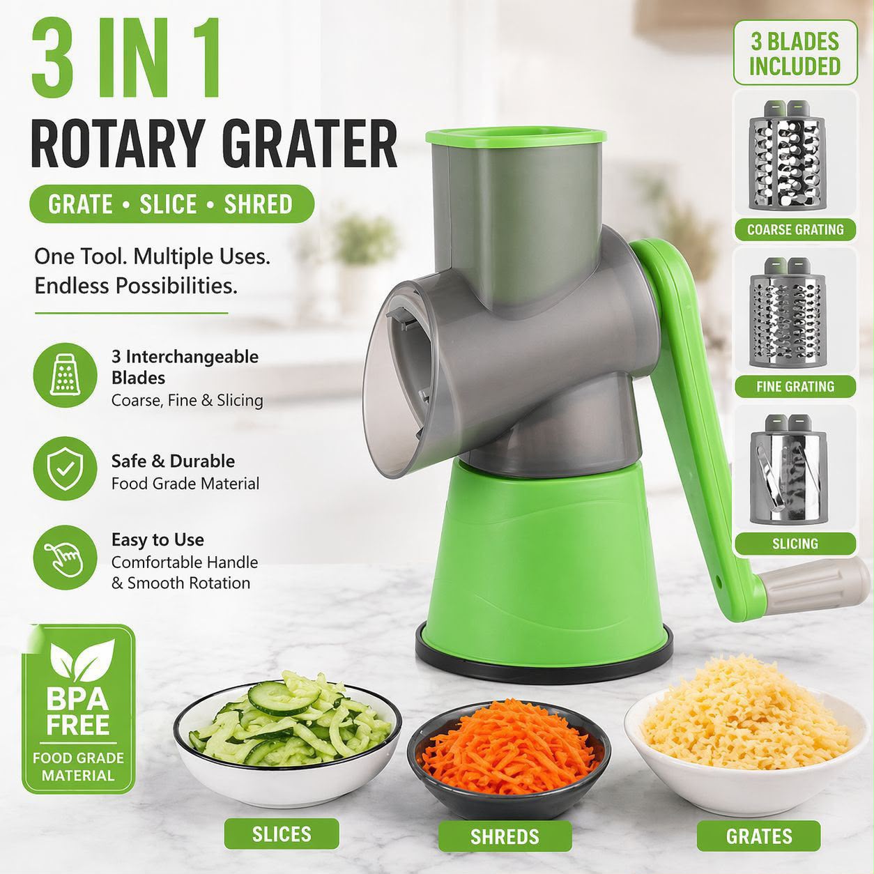 3-in-1 Rotary Vegetable Cutter with 3 Interchangeable Blades
